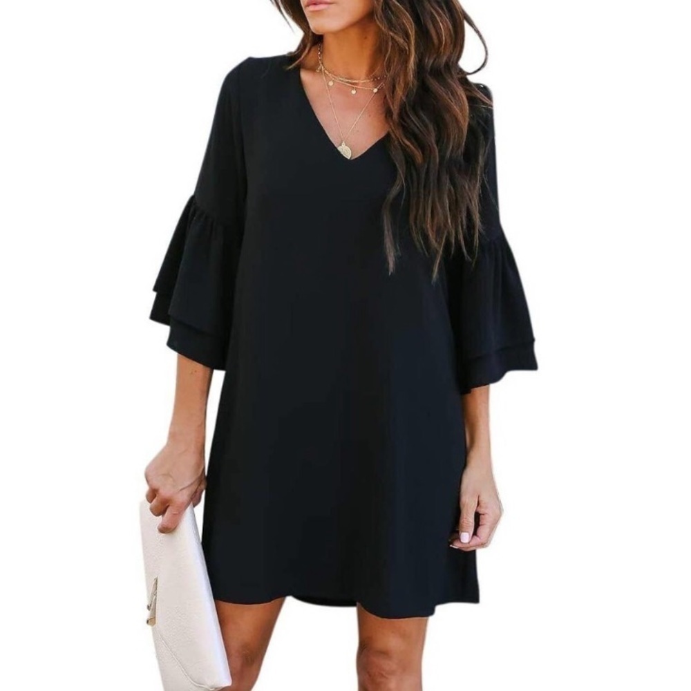 BELONGSCI Black 3/4 Bell Flutter Sleeve Black Shift Dress Size XL